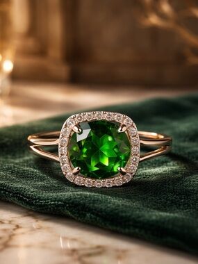 Lab Created 2 Carat Emerald Round Stone In Square Setting Size 9 New!